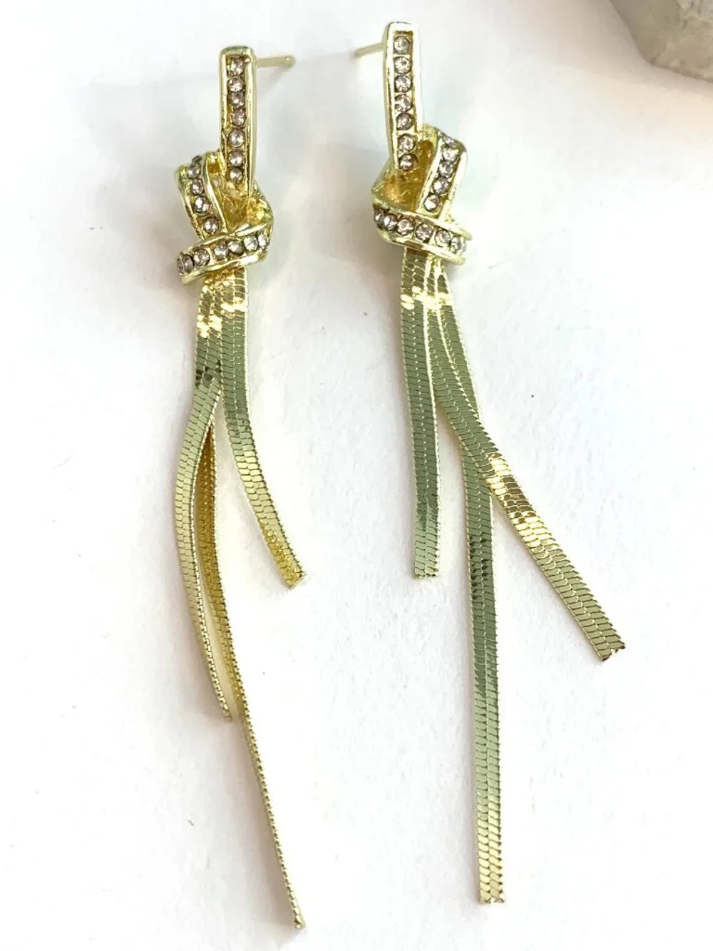 NEW~ Anthropologie Crystal Encrusted Knot Long Fringe Gold Earrings_3